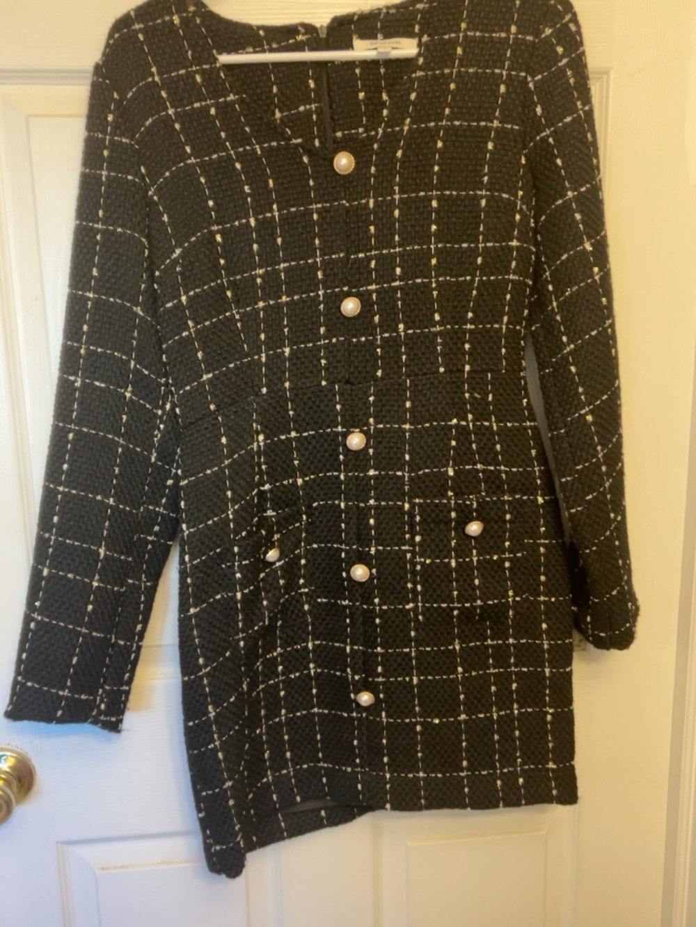 Zoe and Claire Black Tweed Pearl Button Mini Dress – S
